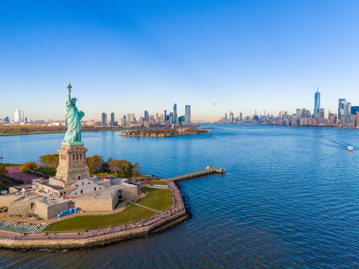 The skyline of New York City from the Statue of Liberty